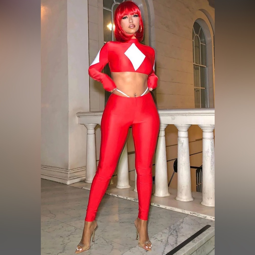🎃 NWT- NEW Power Ranger Sexy Superhero 4 Piece Costume Set -Red/Combo & RED WIG